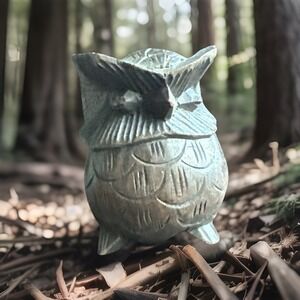 Hand Carved Teak Wood Owl Figurine Miniature Folk Art Bird Sculpture 2" Folk Art